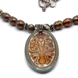 Unique Pendant Fresh Water Pearl Necklace Bronze Copper Hues Artisan Boho .925‎